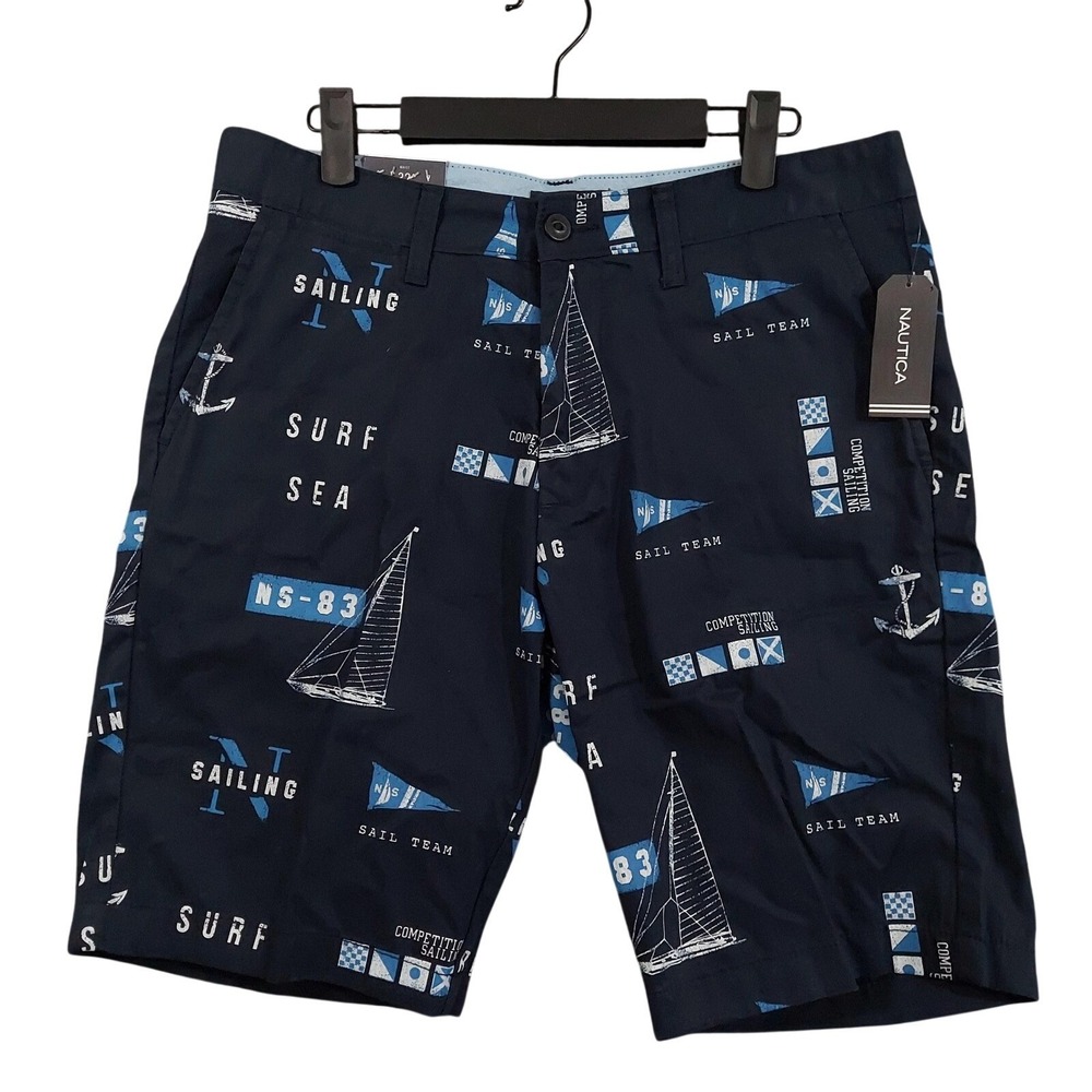 Nautica Shorts Mens 32 Navy Cotton Chino Slim Fit Nautical Print 9 Inseam Summer